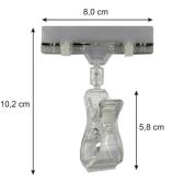 Hhe 11 cm Transparent. Kugelgelenk, Preisschildhalter als Klammer 8 cm breit, mit Klemmwirkung.